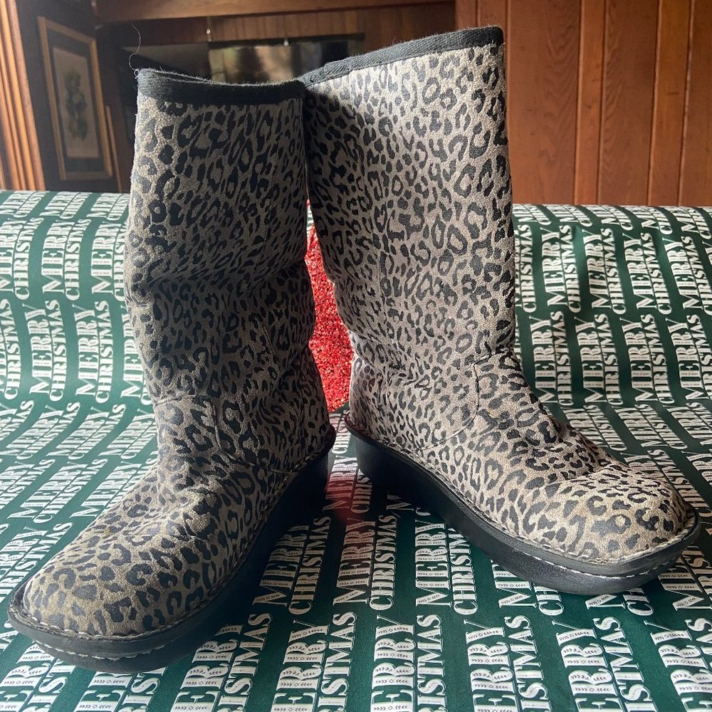 Alegria Leopard-Print Mid-Calf Ankle Boots in Black and Tan